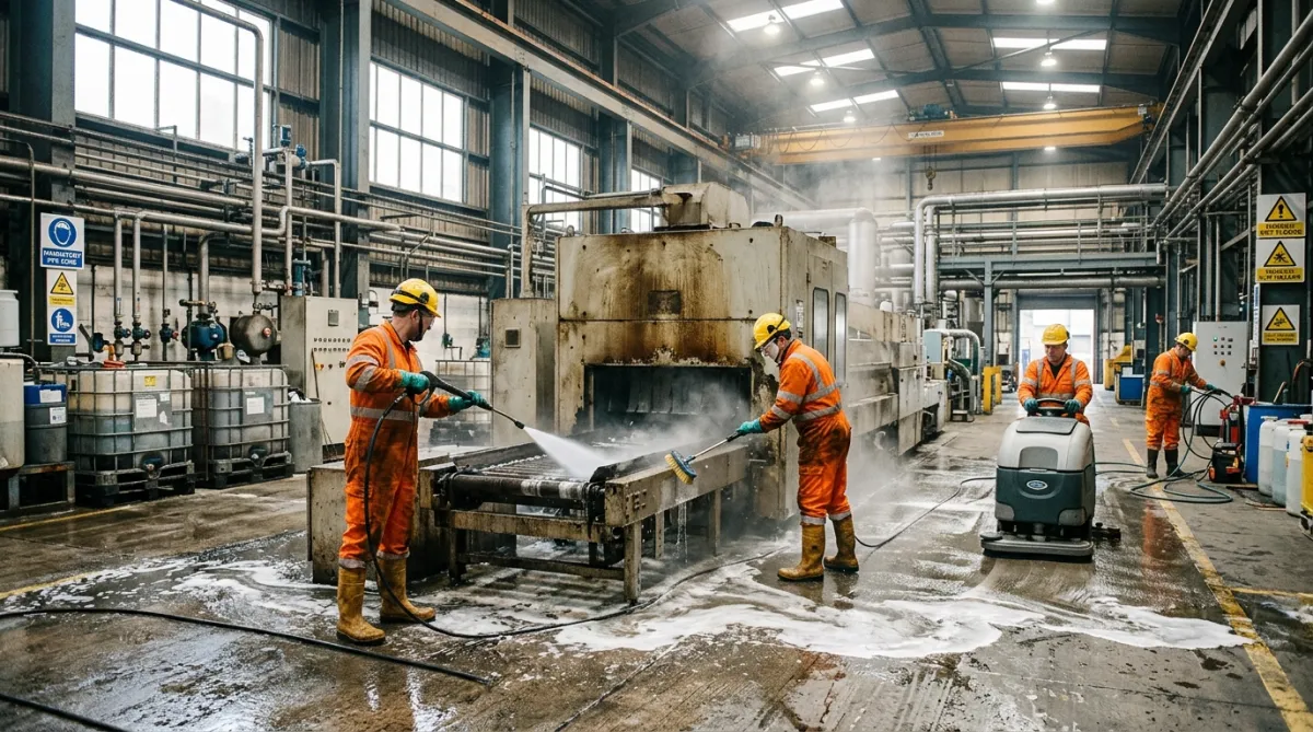 Factory and industrial cleaning team working inside a Manchester manufacturing facility