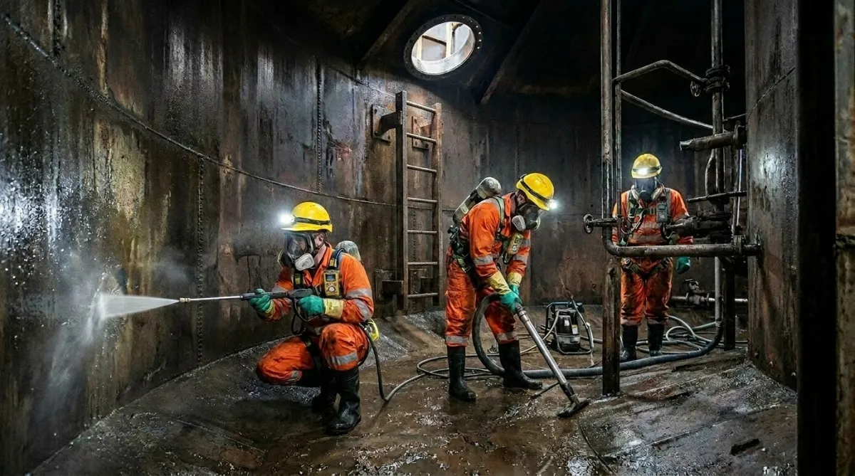Confined space cleaning specialists working inside a Manchester industrial plant