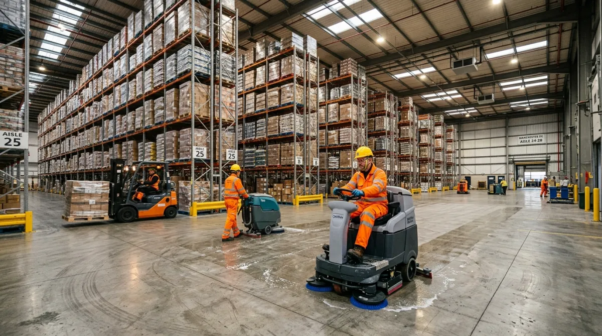 Warehouse and distribution cleaning services inside a Manchester logistics facility
