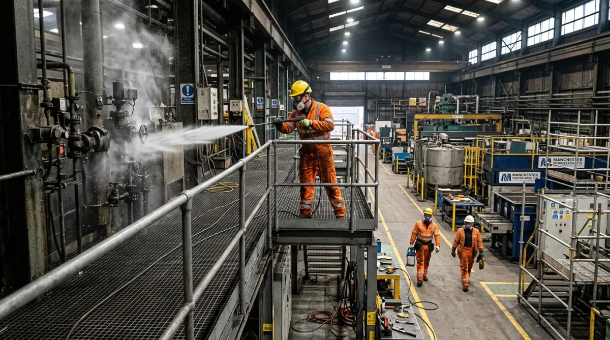 Factory shutdown cleaning team carrying out industrial maintenance cleaning in Manchester