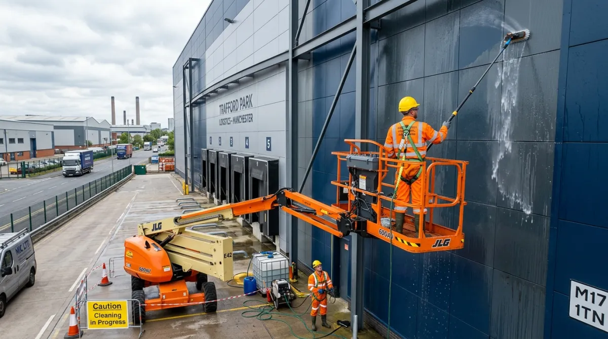 Commercial exterior cleaning of an industrial warehouse building in Manchester
