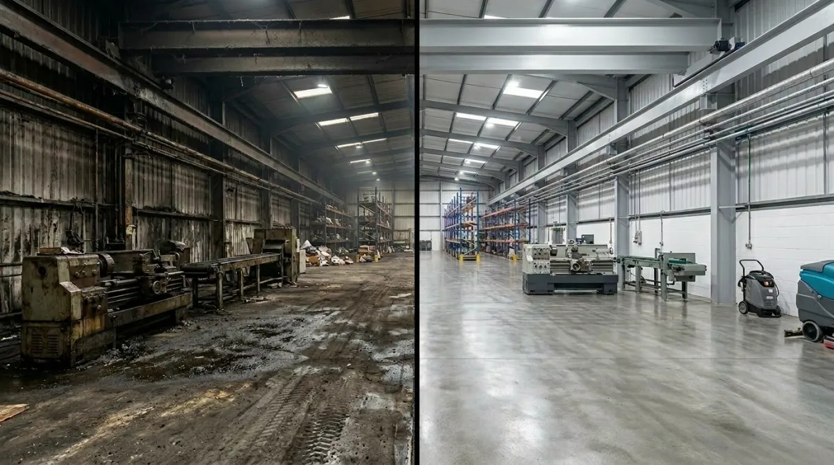 Before and after industrial cleaning transformation inside a Manchester manufacturing facility