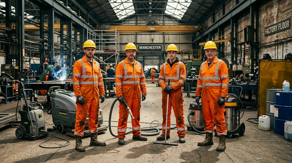 Industrial cleaning specialists working at a Manchester industrial processing facility