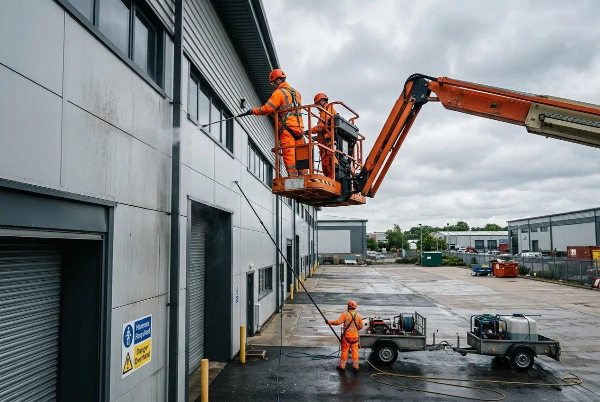Commercial exterior cleaning of a Manchester industrial warehouse