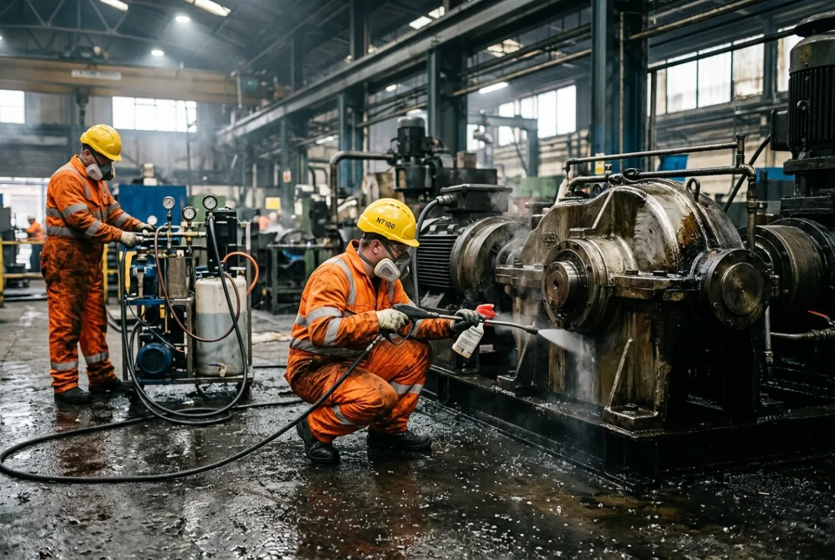 Industrial degreasing and deep cleaning inside a Manchester manufacturing facility