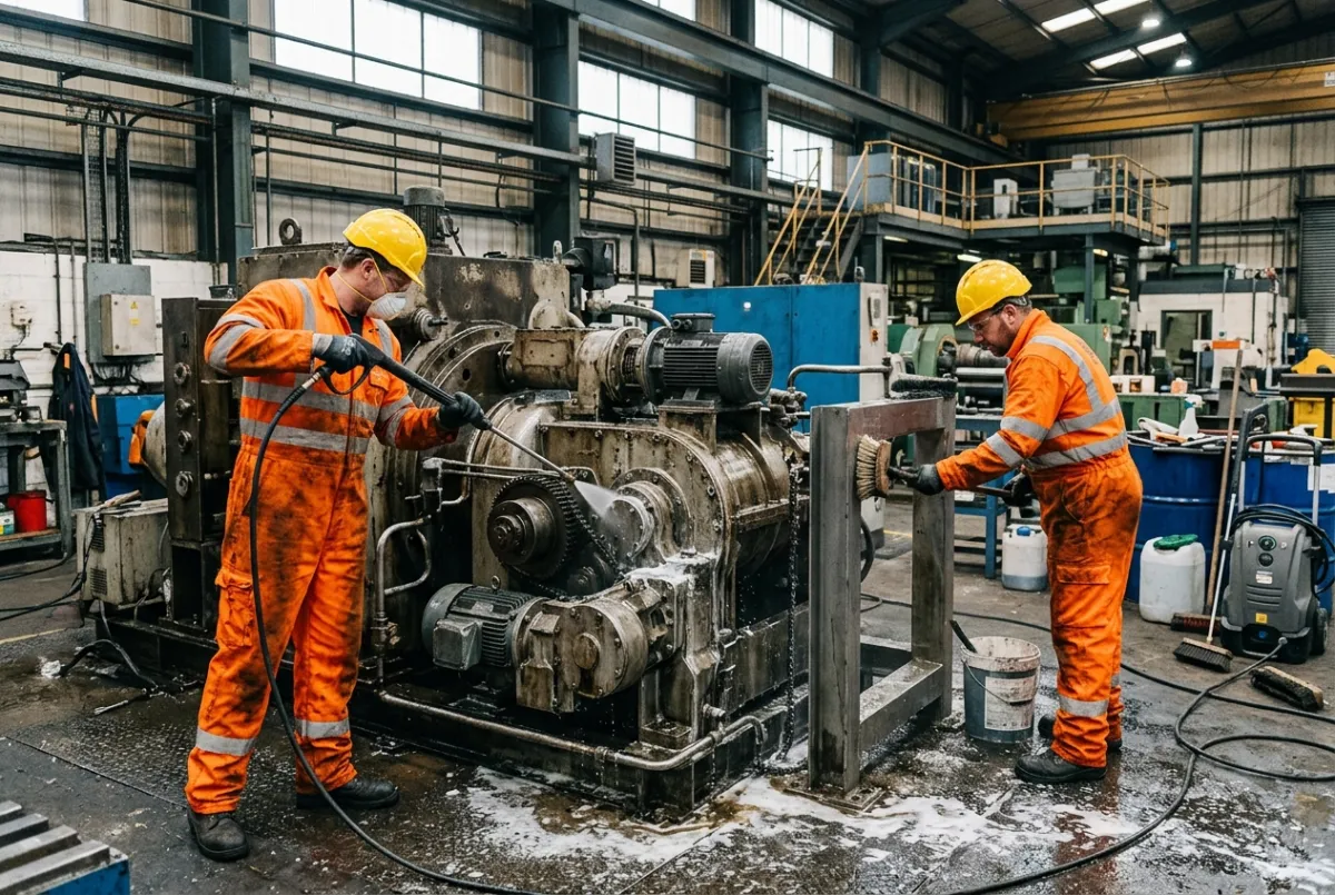 Industrial machinery cleaning inside a Manchester manufacturing plant