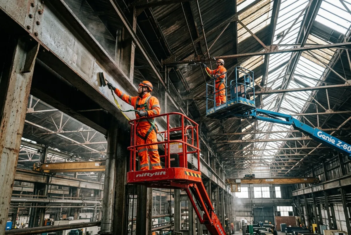 High-level industrial cleaning using access platforms in a Manchester facility