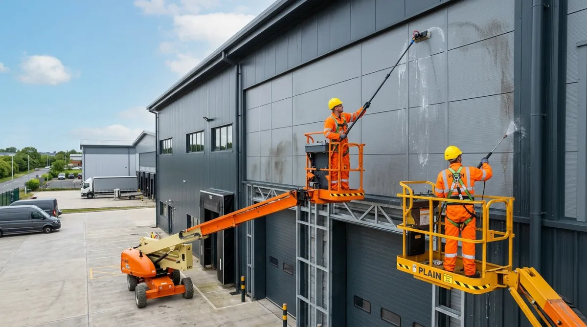 Commercial exterior cleaning of an industrial building in Chester