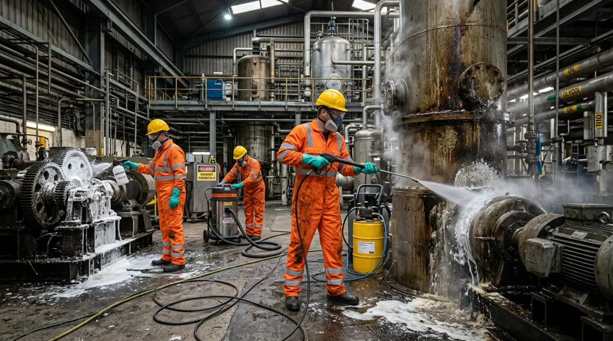 Industrial degreasing and deep cleaning inside a Chester factory