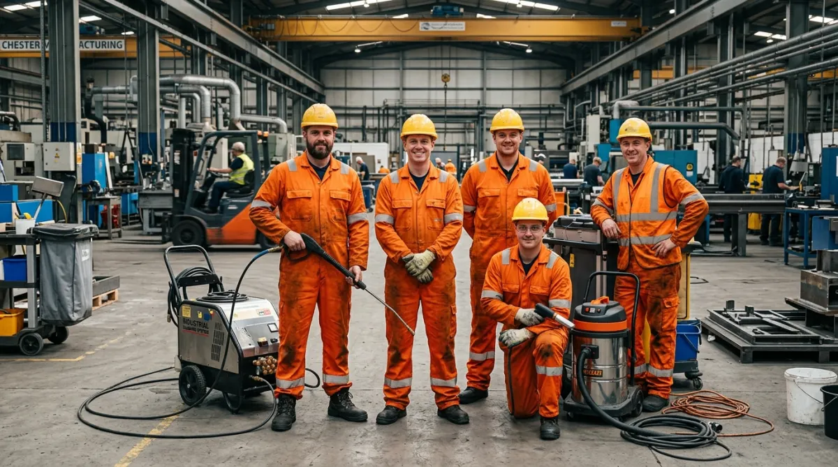 Industrial cleaning specialists working inside a Chester industrial facility