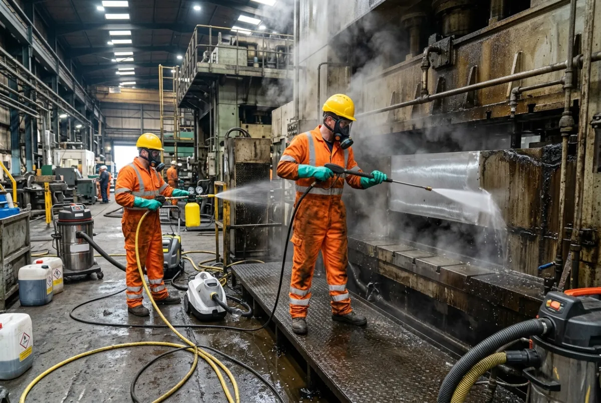Industrial degreasing and deep cleaning inside a Chester factory