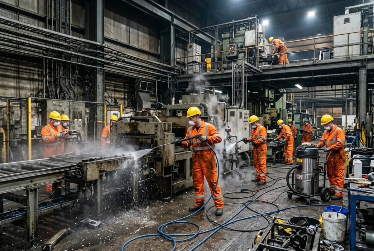 Factory shutdown cleaning project inside a Chester industrial facility