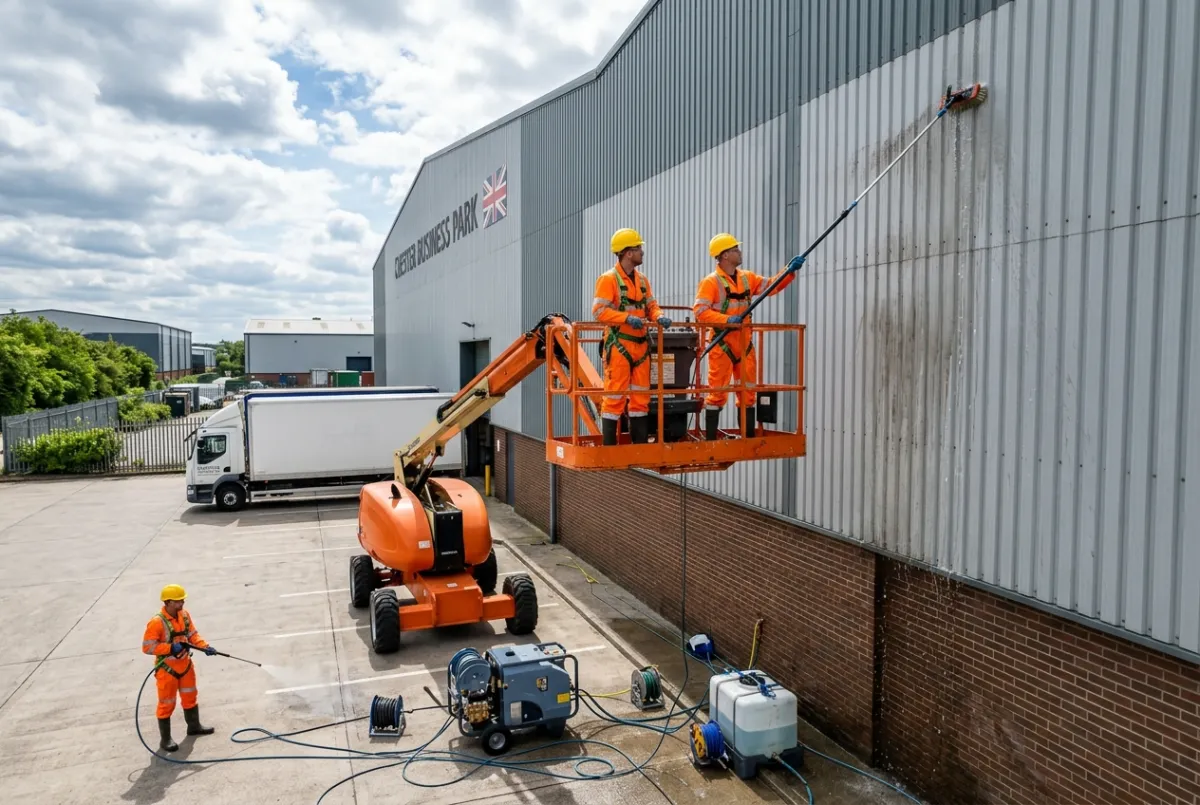 Commercial exterior cleaning of an industrial building in Chester