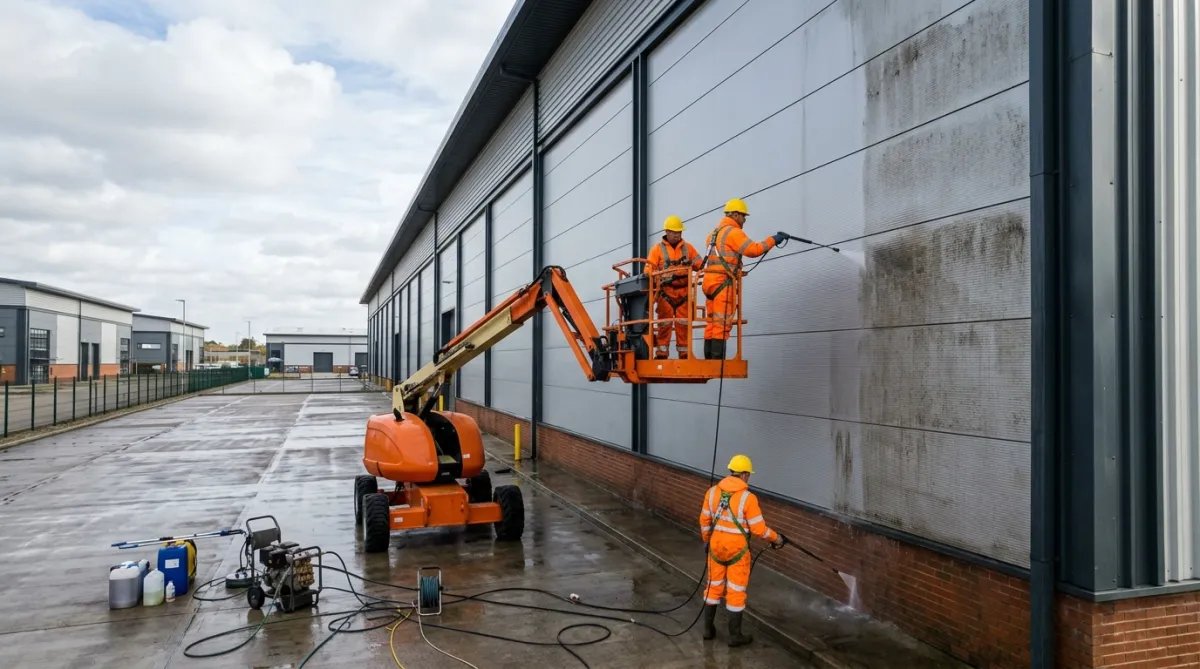 Commercial exterior industrial cleaning of a North West factory building