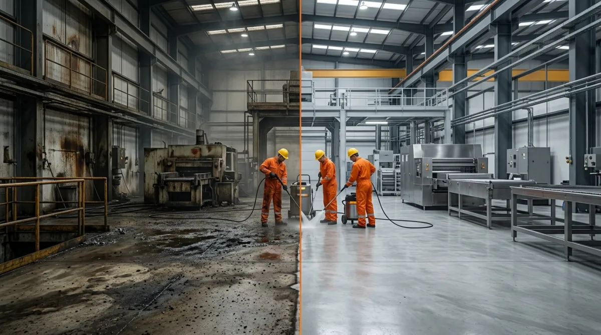 Before and after industrial cleaning transformation inside a North West factory facility