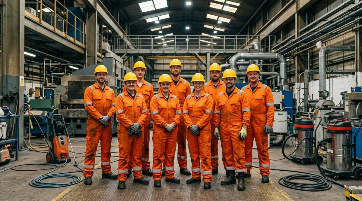 Professional industrial cleaning team wearing matching overalls and yellow hard hats inside a North West industrial facility