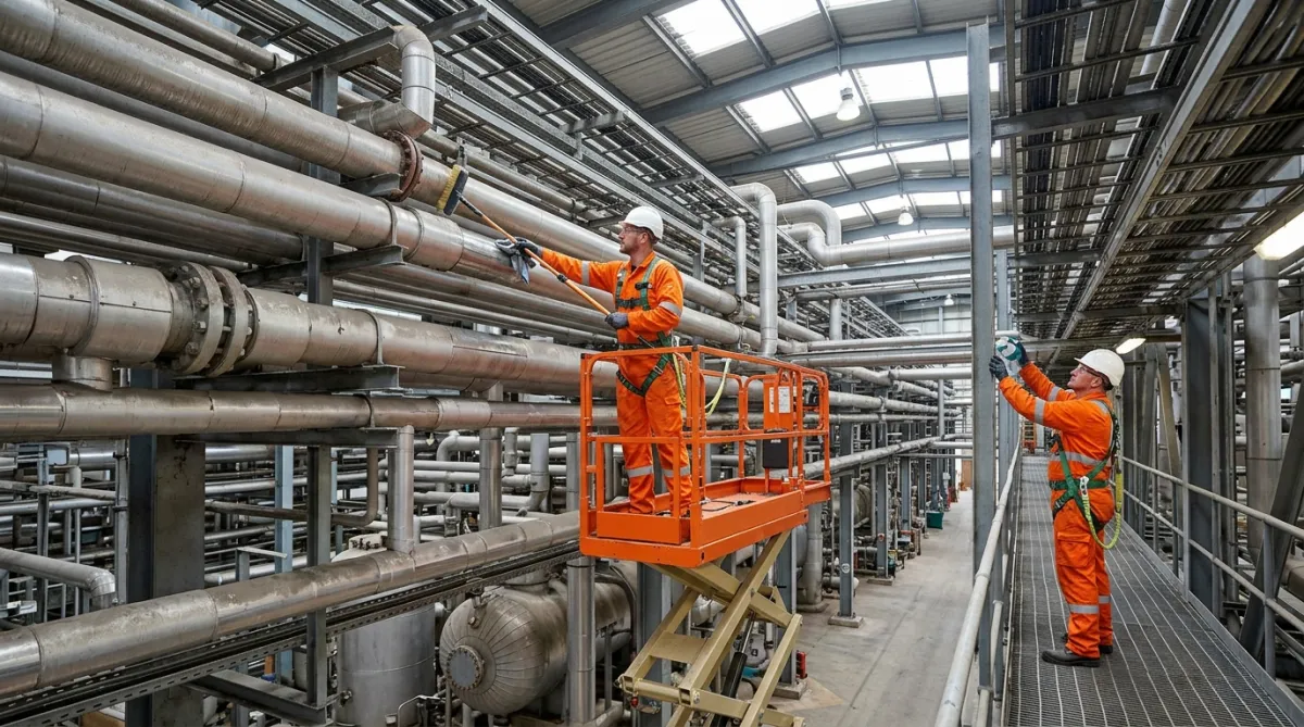 Industrial cleaning technicians cleaning overhead pipework and support structures inside an oil refinery.