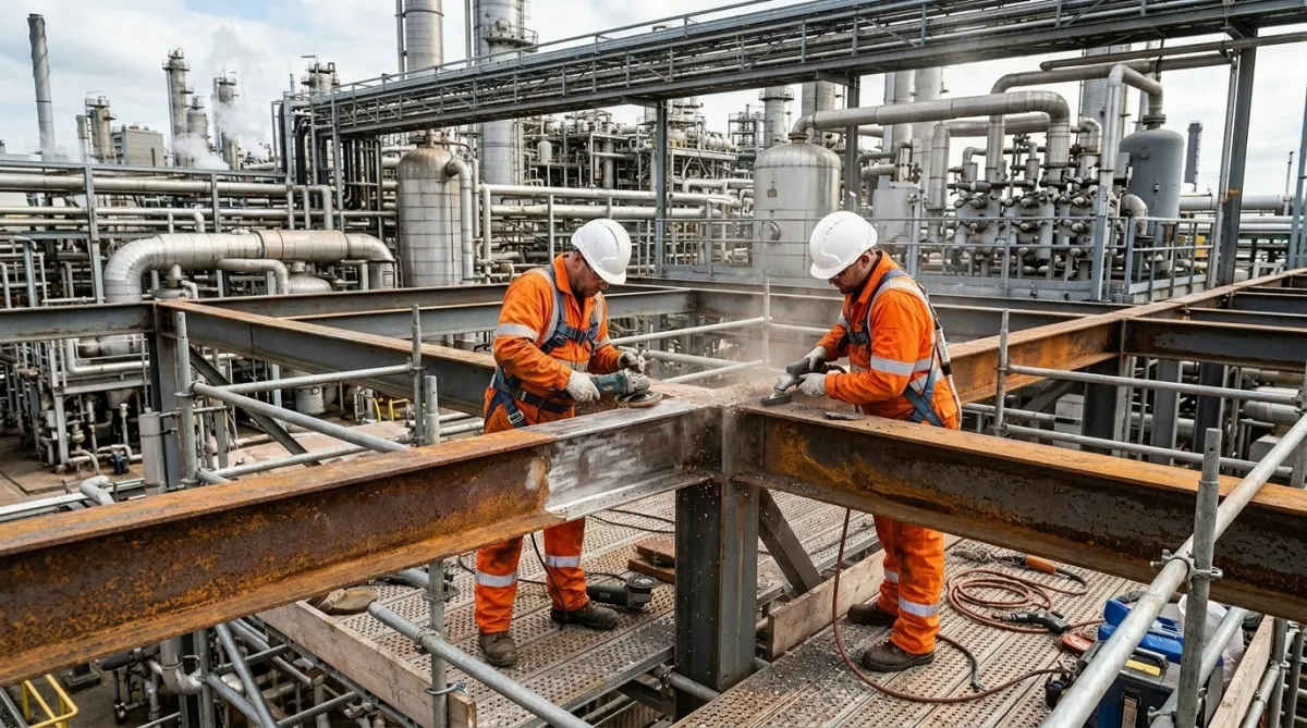 Specialist operatives preparing elevated steelwork for protective coating application within a petrochemical plant.
