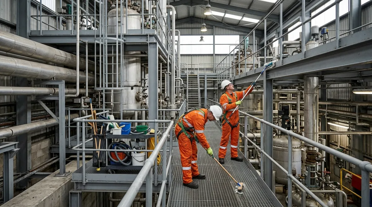 Specialist operatives performing high-level industrial cleaning on elevated steelwork within a petrochemical facility.