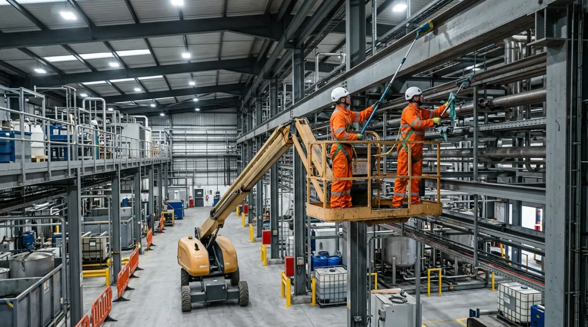 High-level cleaning specialists using a MEWP to clean elevated industrial structures within a hazardous waste facility.