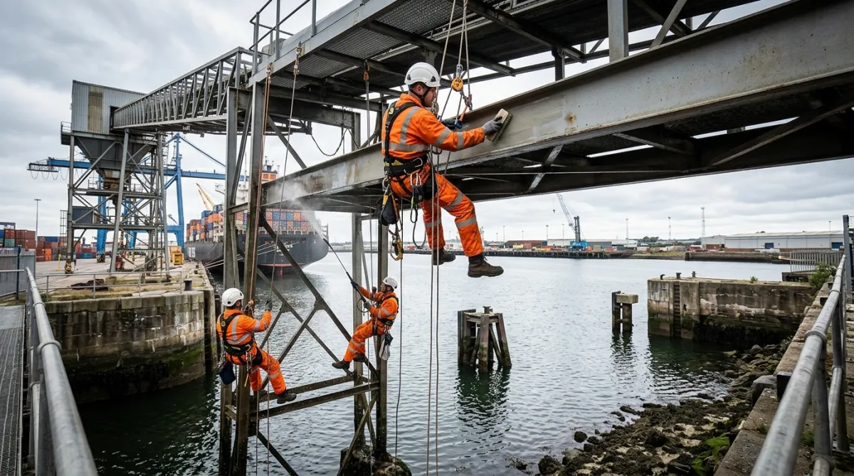 Rope access technicians carrying out high-level cleaning on industrial structures within a marine dockyard.