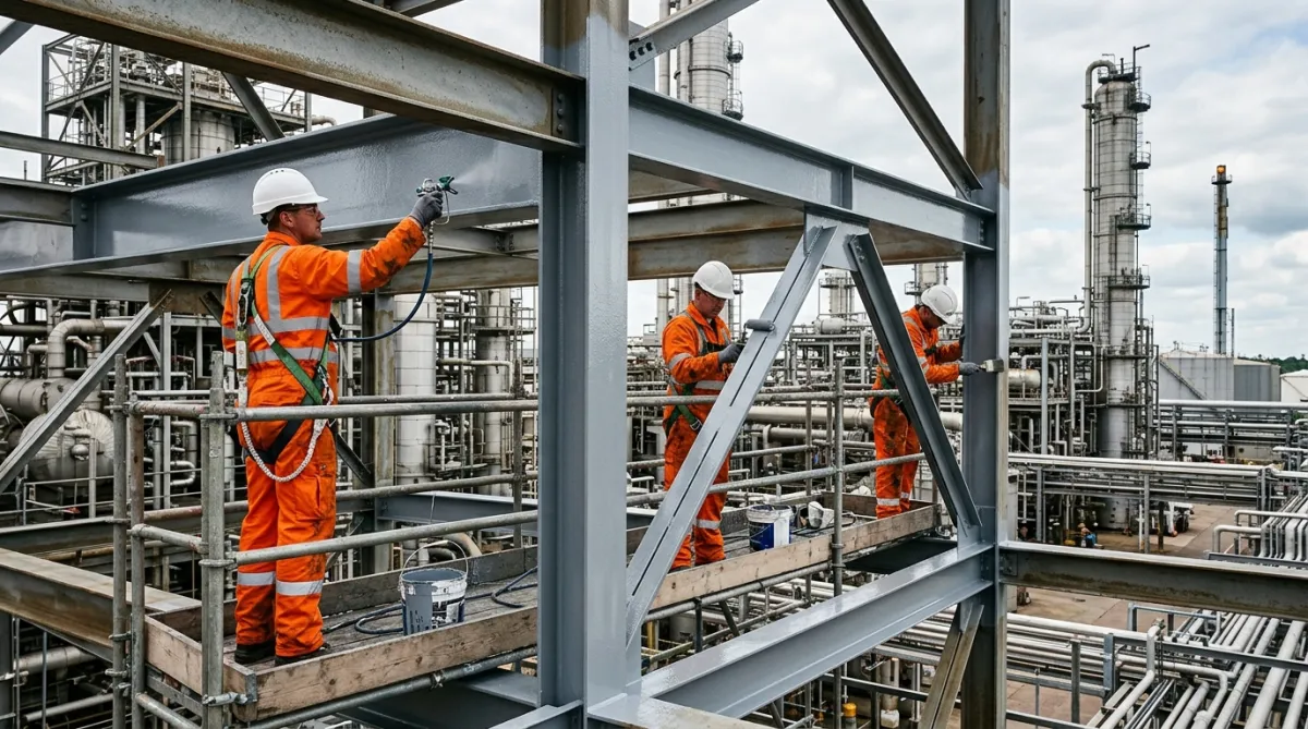 Industrial painters applying protective coatings to elevated steelwork inside an oil and gas processing facility.