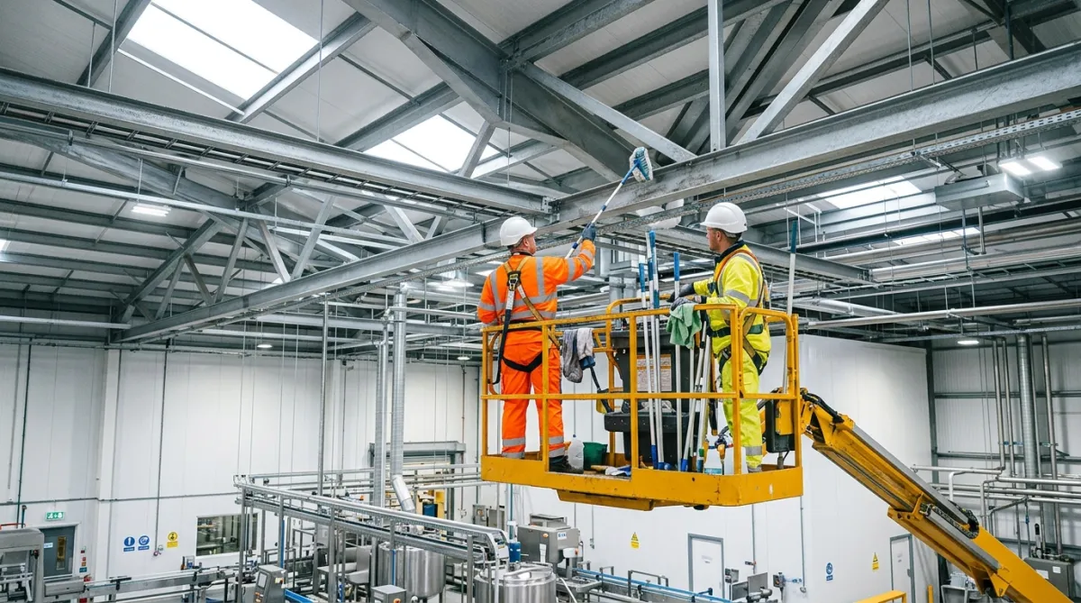 Technicians cleaning elevated roof trusses and structural steelwork inside a food processing facility.