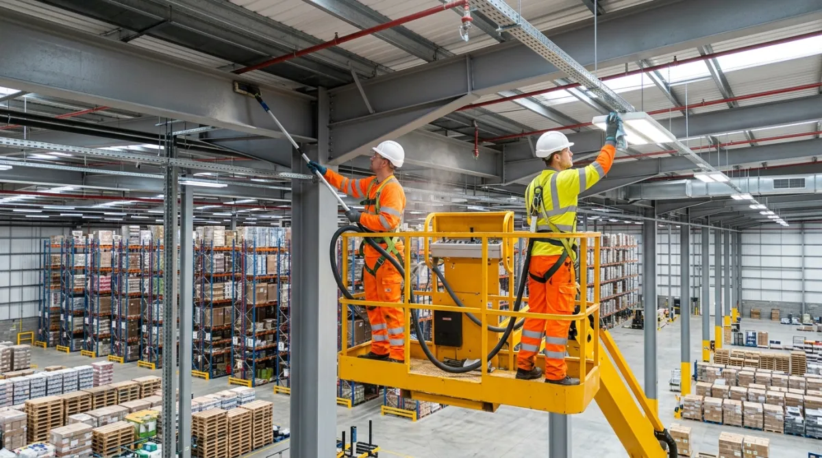 Operatives carrying out high bay warehouse cleaning from a MEWP inside a large distribution centre in the North West.