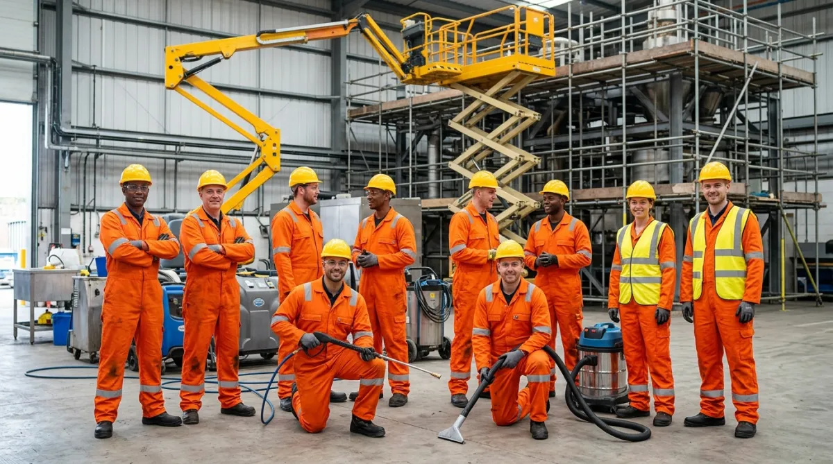 Industrial cleaning contractors at a UK manufacturing facility providing specialist commercial and industrial cleaning, factory cleaning, shutdown cleaning and maintenance services.