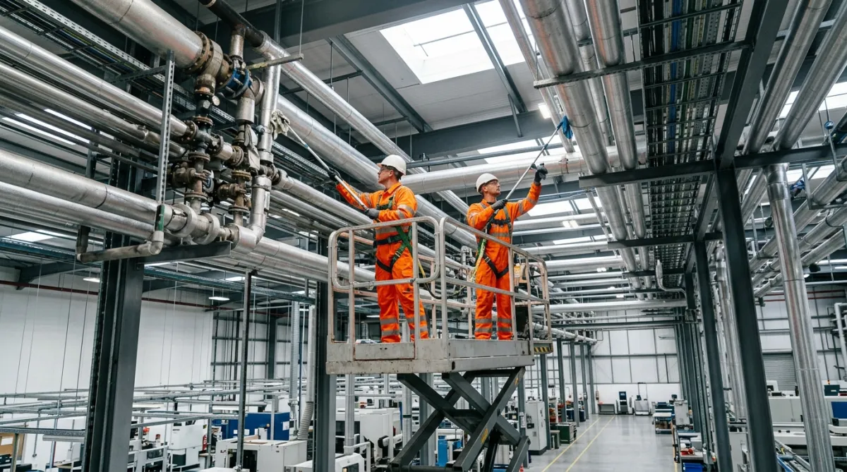 Industrial cleaning team cleaning overhead pipework and elevated services within a manufacturing facility.