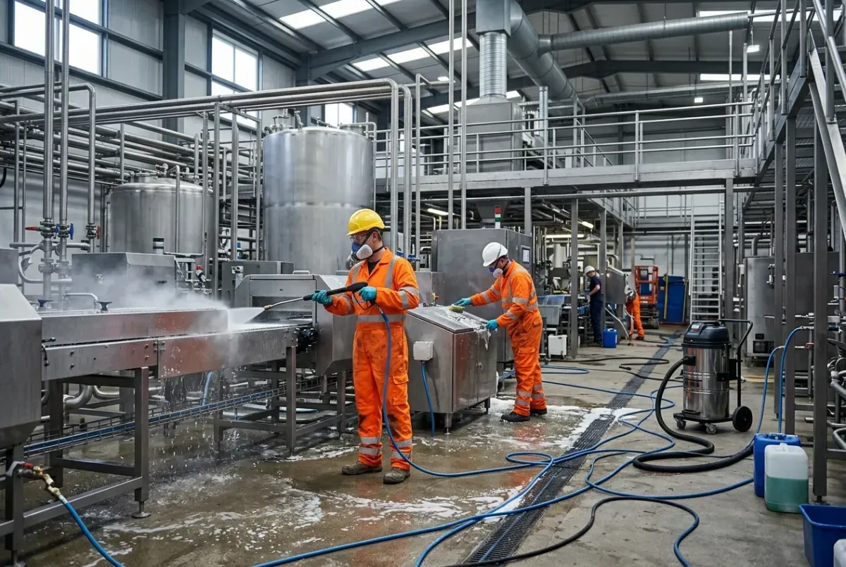 Industrial shutdown cleaning team performing planned maintenance cleaning during a facility shutdown.