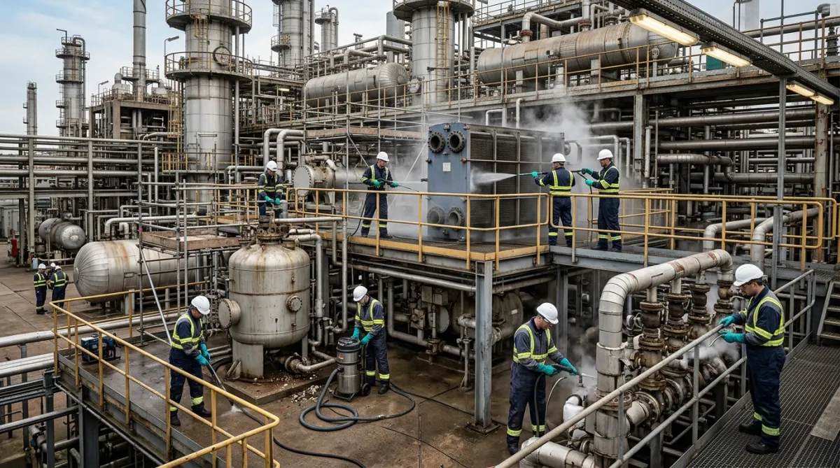 Factory shutdown cleaning team carrying out planned maintenance cleaning at an industrial facility