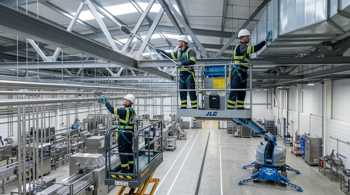 High-level industrial cleaning using a MEWP to clean overhead steelwork in a food processing facility