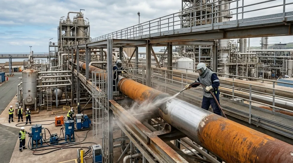 Industrial shot blasting specialists preparing steelwork at a coastal oil refinery in North Wales
