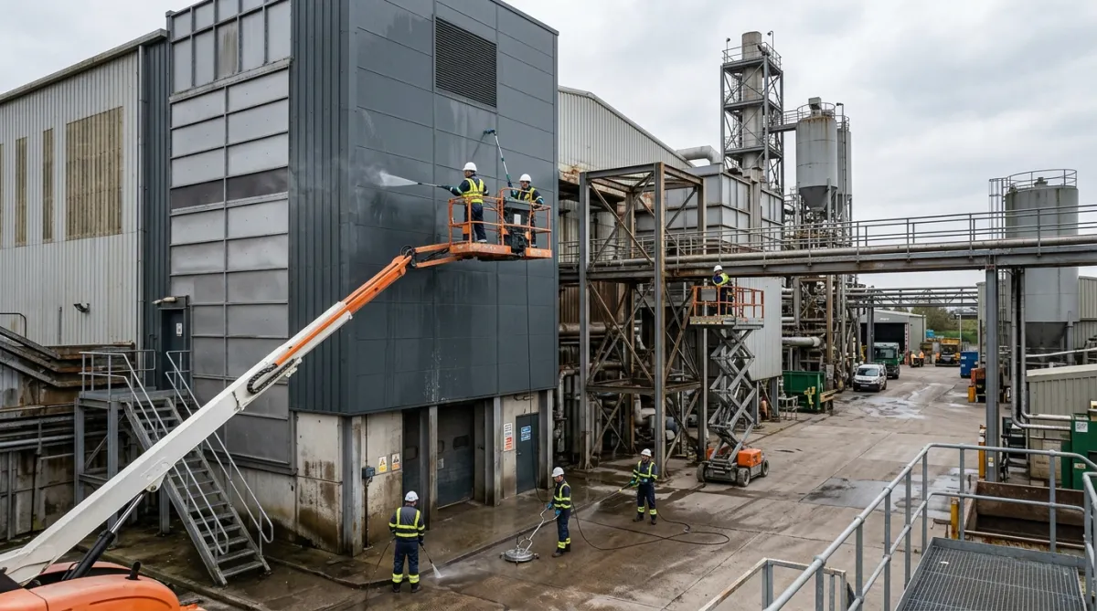 Industrial exterior cleaning operatives cleaning cladding and structures at a high-hazard waste facility
