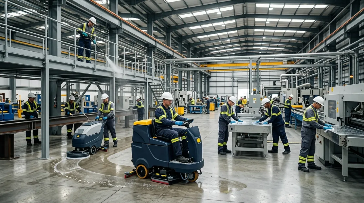 Industrial operatives cleaning plant equipment and process machinery at a petrochemical facility in Anglesey