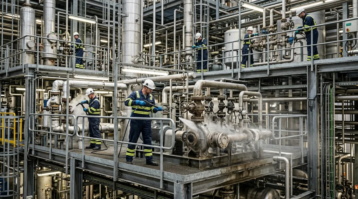 Factory and industrial cleaning specialists working inside a manufacturing facility in Anglesey