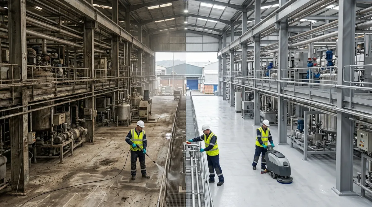 Before and after industrial cleaning comparison showing transformation of a North Wales industrial facility