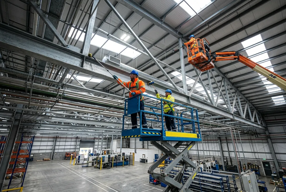 High-level industrial cleaning specialists working from elevated access platforms inside a factory