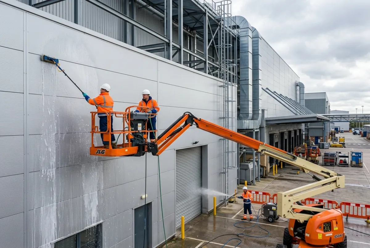 Industrial exterior cleaning team maintaining factory buildings and external industrial structures