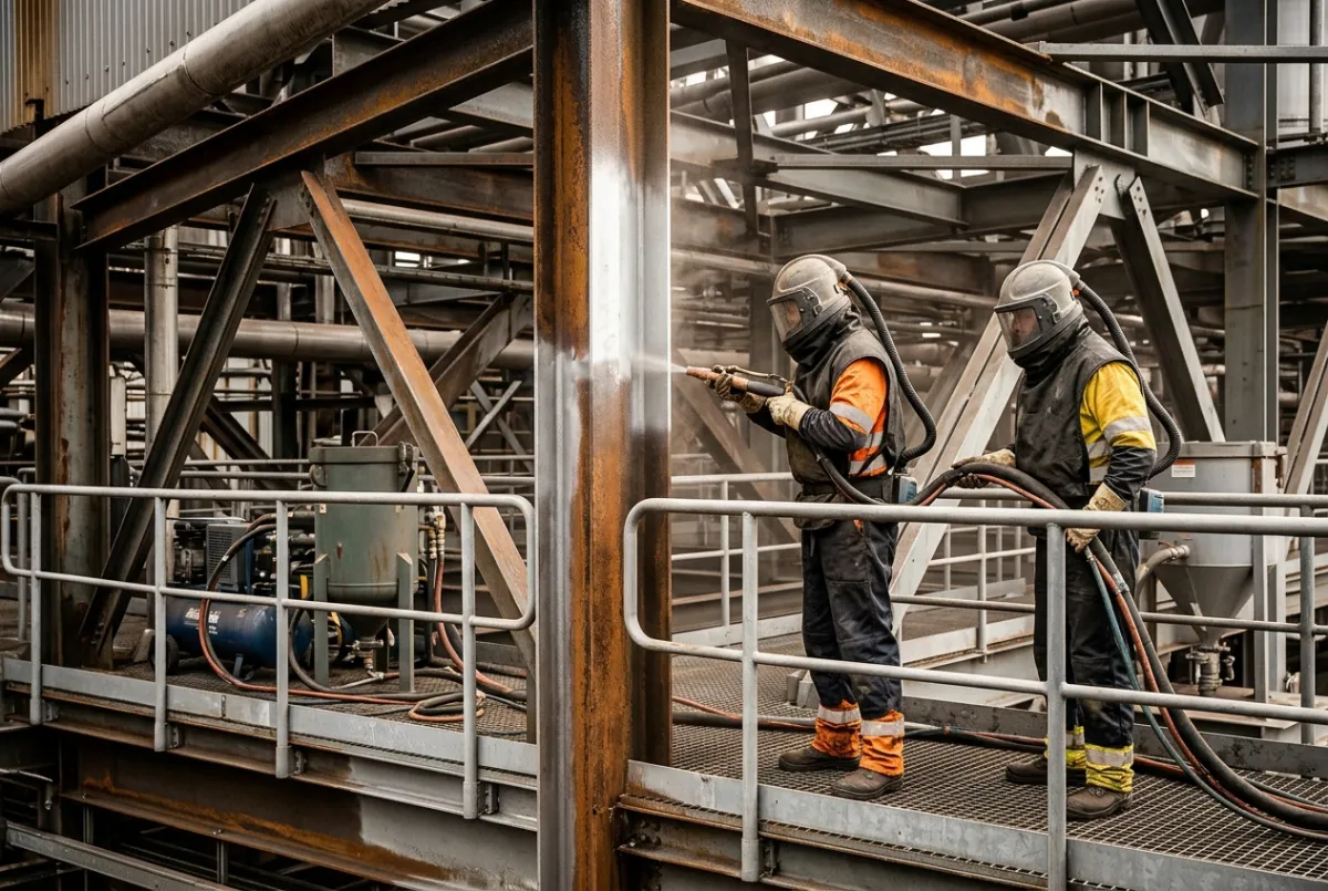 Industrial shot blasting technicians preparing steel surfaces for maintenance and refurbishment