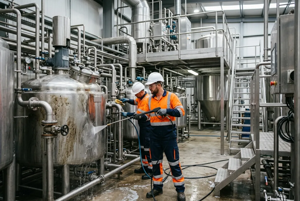 Industrial plant and equipment cleaning specialists maintaining machinery in a manufacturing facility