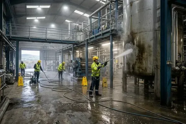 Industrial cleaning team carrying out factory and shutdown cleaning works at an Anglesey facility.