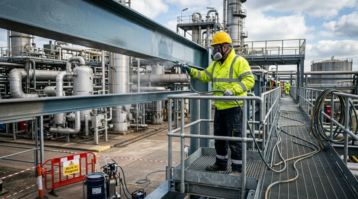Industrial operative applying protective coating system to structural steelwork at petrochemical processing facility