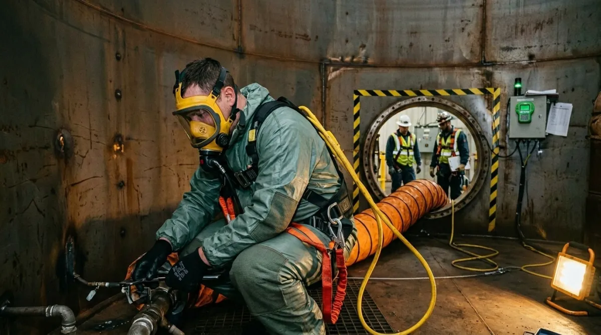 Trained confined space operative working inside industrial storage tank at high hazard waste processing facility