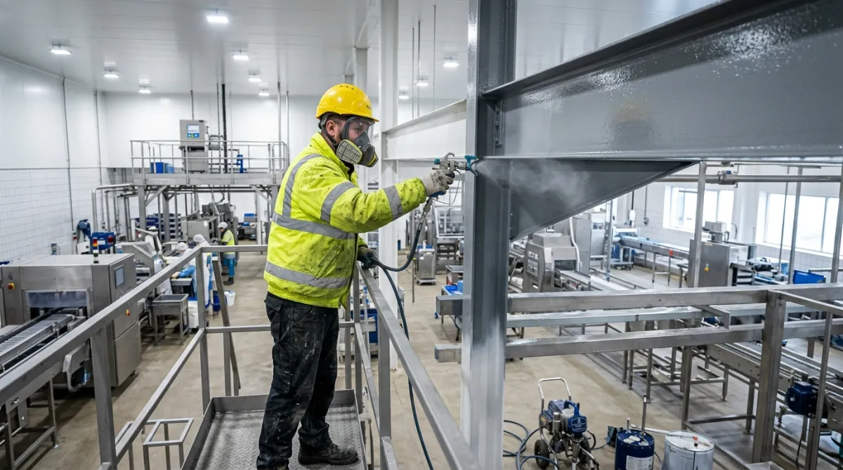 Industrial painting and corrosion protection operative working on structural steelwork at food processing facility