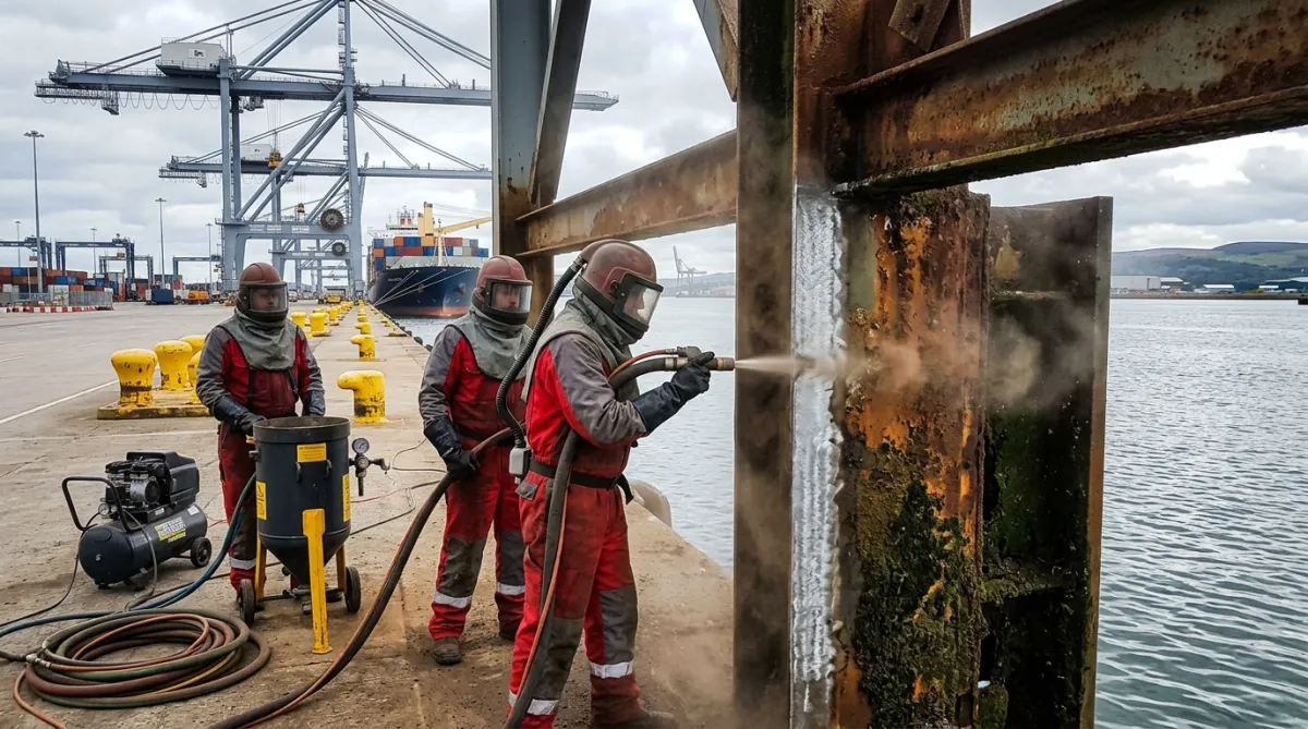 Abrasive blasting and surface preparation of marine infrastructure at commercial port facility in the North West