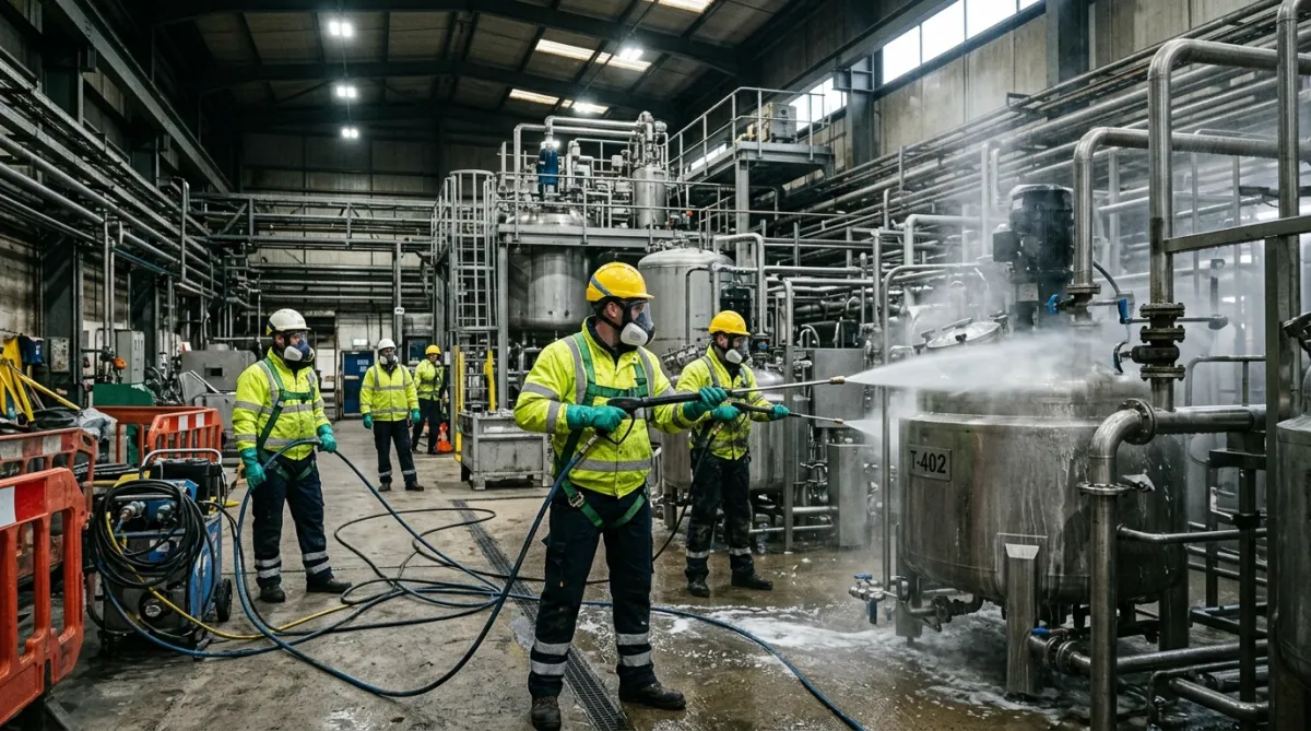 Industrial operatives carrying out plant and machinery decontamination during planned factory shutdown in the North West