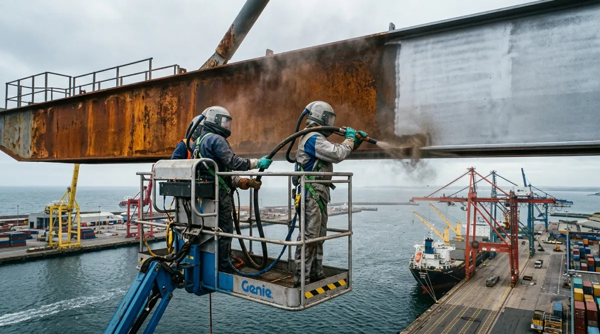 Shot blasting operatives working at height on large steel structure at marine port facility using elevated work platform