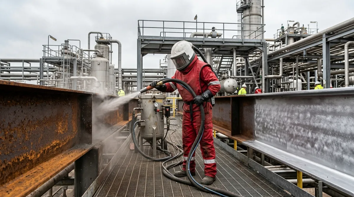 Industrial shot blasting operative treating structural steelwork at a petrochemical facility in the North West